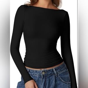 Women's Black Long Sleeve Open Back Top